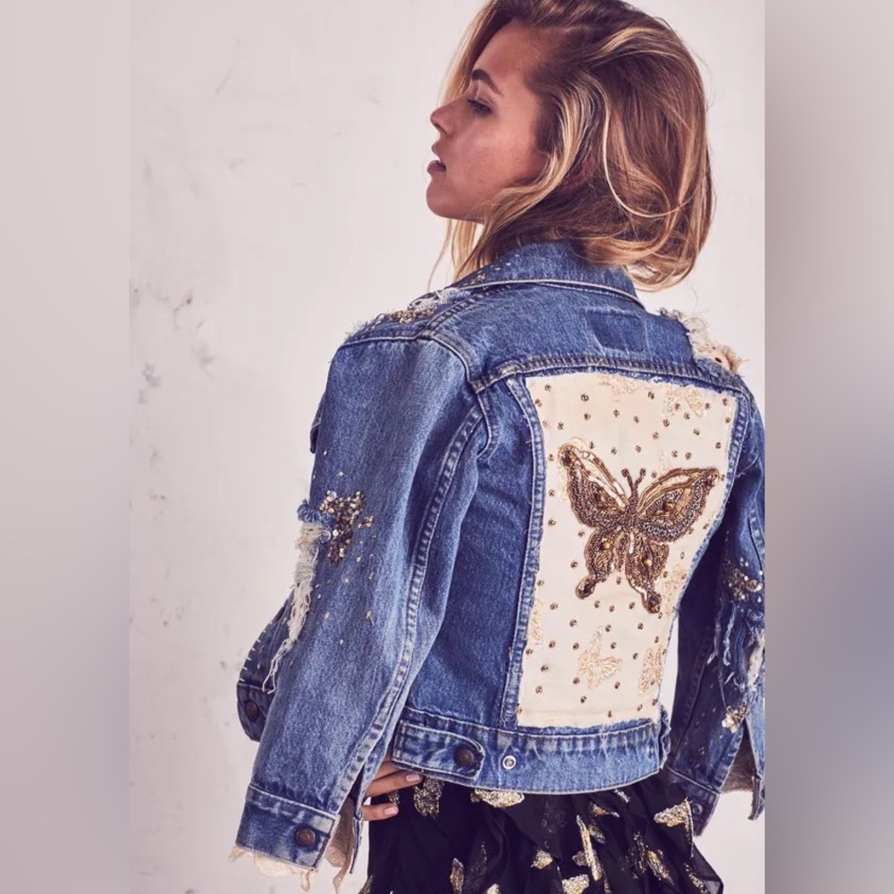 Loveshackfancy Cropped Denim Butterfly Jacket